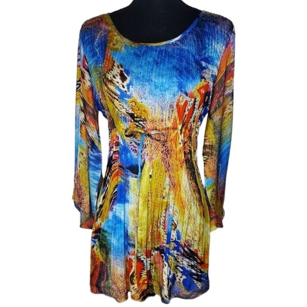 Sunny Leigh XS Boho Silky Colorful Split Bell Flowy Sleeve Mini Pleat Dress